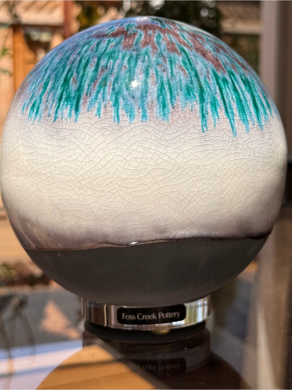 Tony Evans Foss Creek Raku Sphere 7” Teal Crackle Studio Art Pottery California